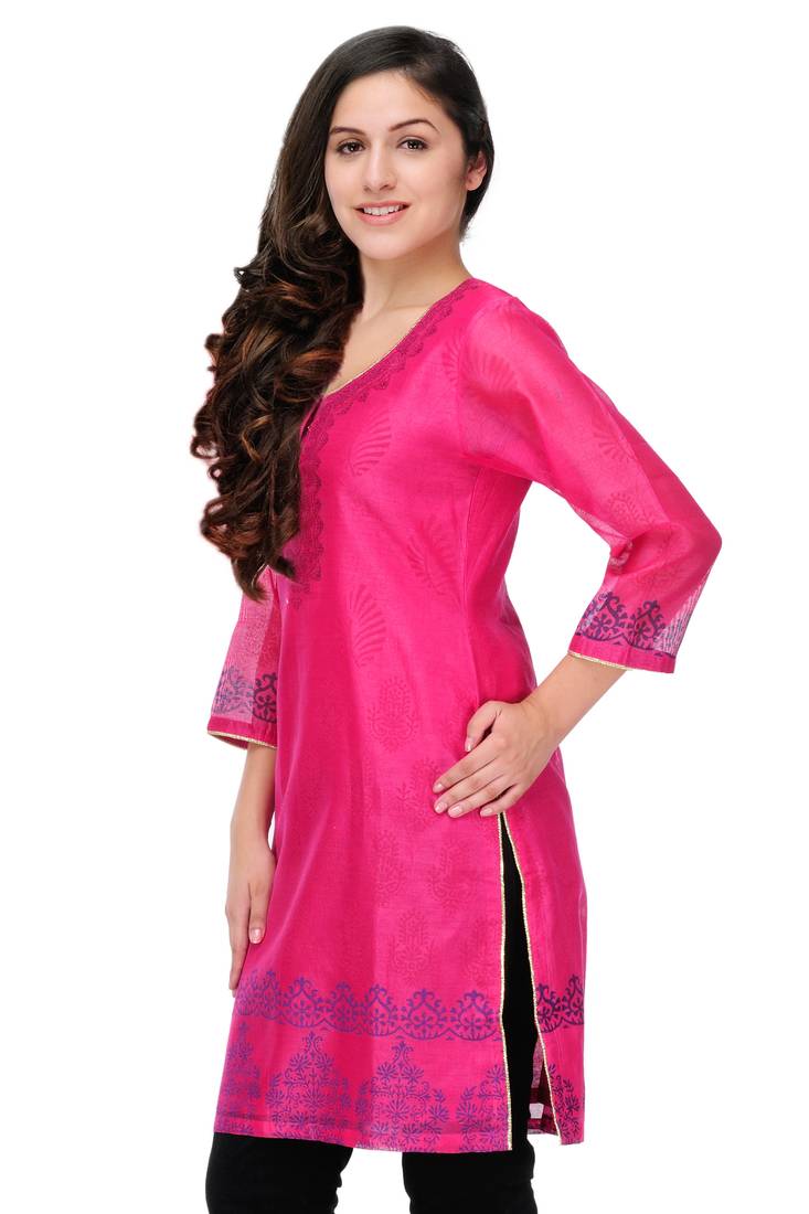 Pink Block Print Cotton Silk Kurta