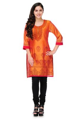 Orange Block Print Cotton Silk Kurta 1