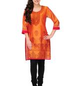 Orange Block Print Cotton Silk Kurta