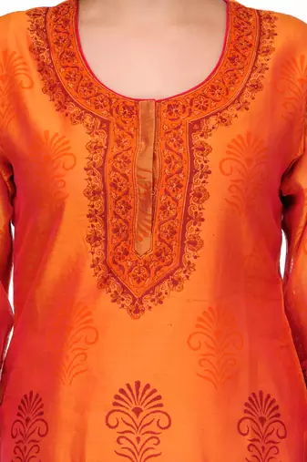 Orange Block Print Cotton Silk Kurta