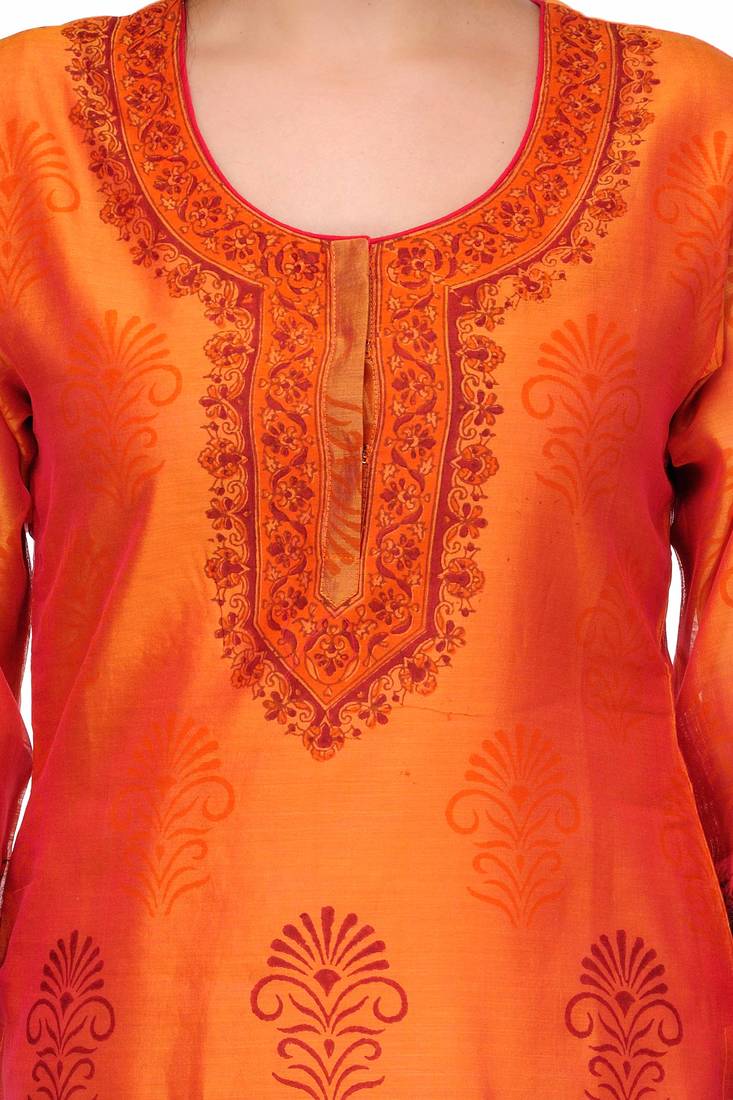 Orange Block Print Cotton Silk Kurta