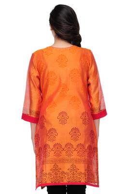 Orange Block Print Cotton Silk Kurta 3
