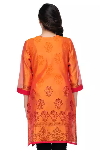 Orange Block Print Cotton Silk Kurta