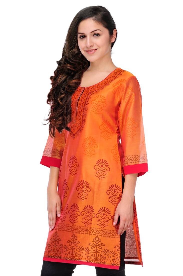 Orange Block Print Cotton Silk Kurta