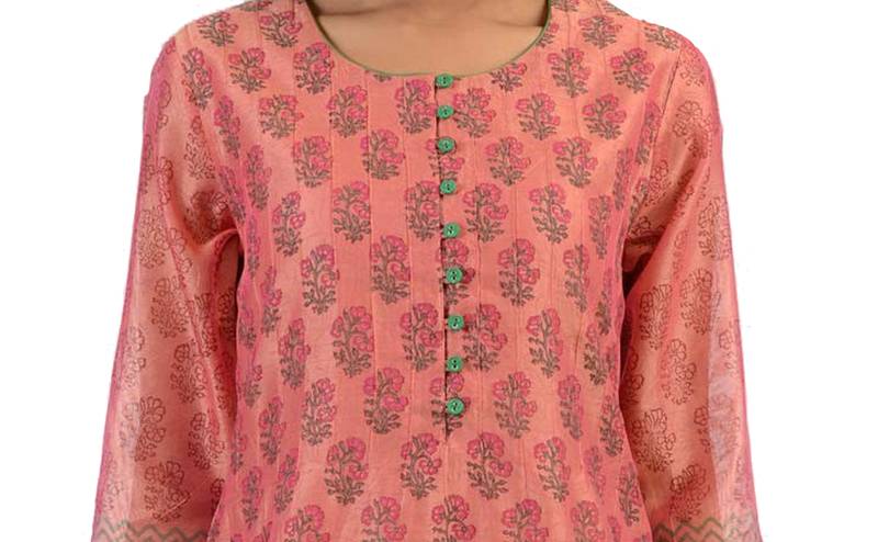 Light Pink Block Print Cotton Silk Kurta