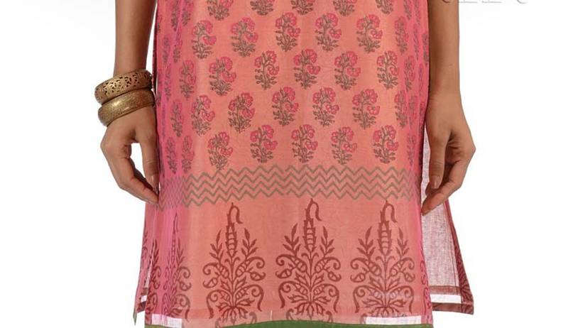 Light Pink Block Print Cotton Silk Kurta