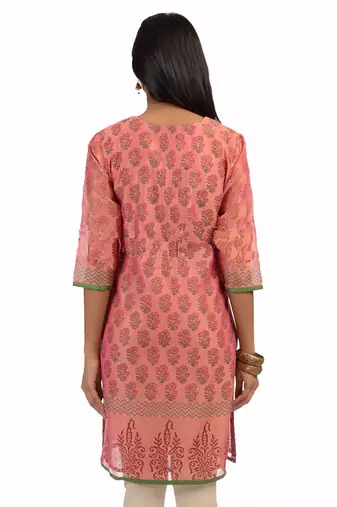 Light Pink Block Print Cotton Silk Kurta