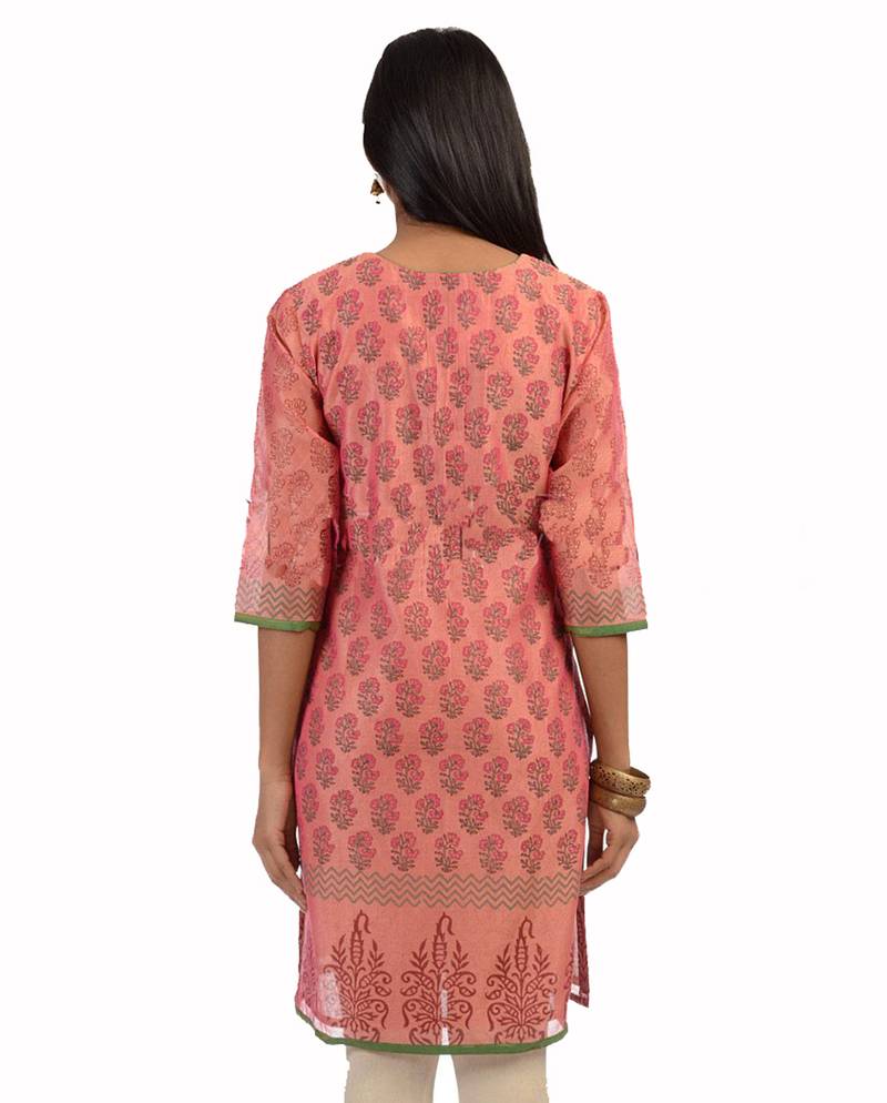 Light Pink Block Print Cotton Silk Kurta