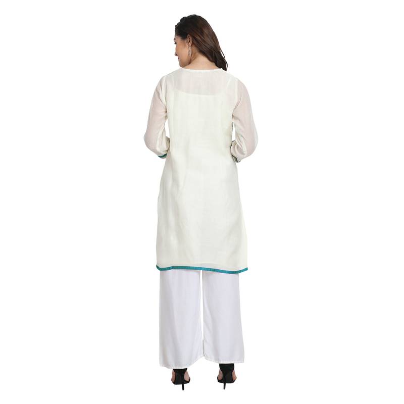 White Cotton Silk Embroidered Kurta