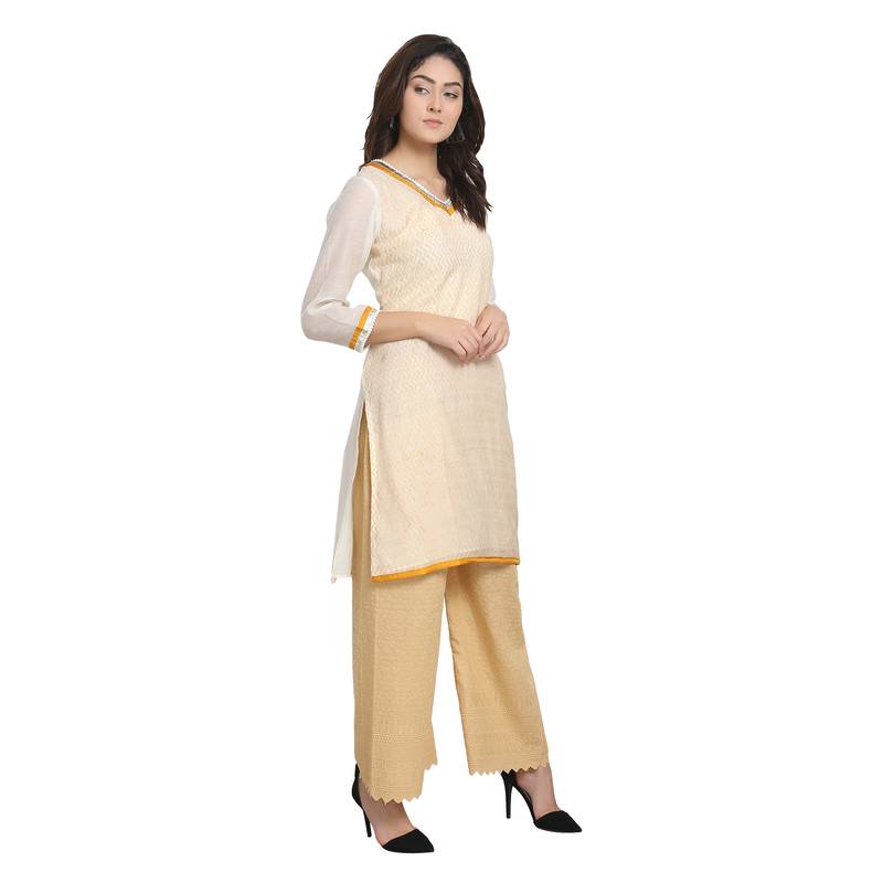 White Cotton Silk Embroidered Kurta