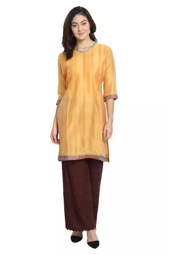 Yellow Pleated Cotton Silk Kurta