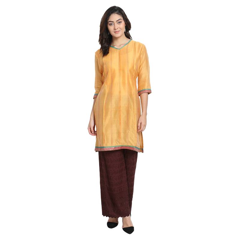 Yellow Pleated Cotton Silk Kurta