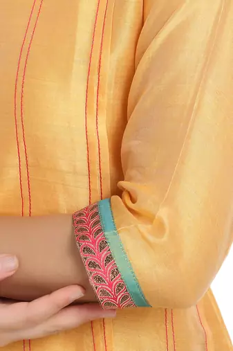 Yellow Pleated Cotton Silk Kurta