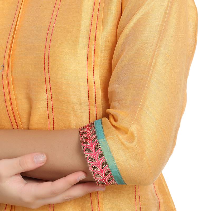 Yellow Pleated Cotton Silk Kurta