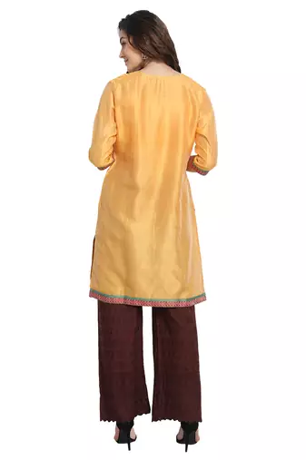 Yellow Pleated Cotton Silk Kurta