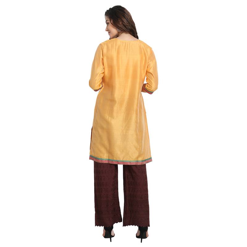 Yellow Pleated Cotton Silk Kurta