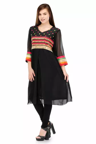 Black Embroidered A Line Kurta
