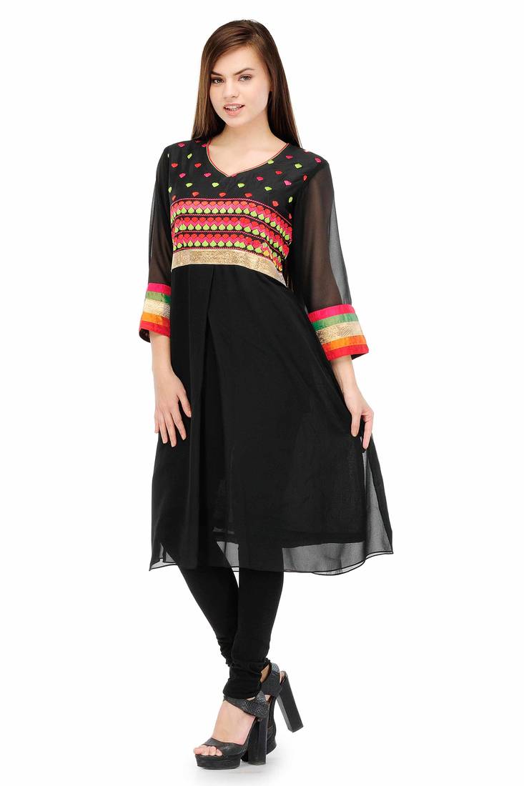 Black Embroidered A Line Kurta