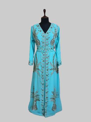 Cyan color Full Sleeves Handmade Moroccan Kaftan 1