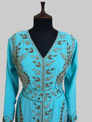Cyan color Full Sleeves Handmade Moroccan Kaftan 2