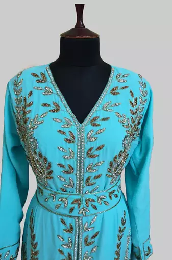 Cyan color Full Sleeves Handmade Moroccan Kaftan