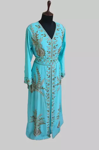 Cyan color Full Sleeves Handmade Moroccan Kaftan