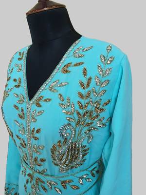 Cyan color Full Sleeves Handmade Moroccan Kaftan 4