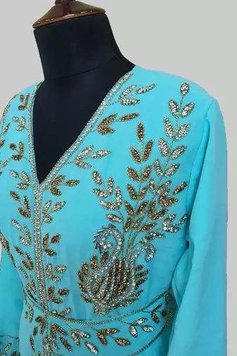 Cyan color Full Sleeves Handmade Moroccan Kaftan