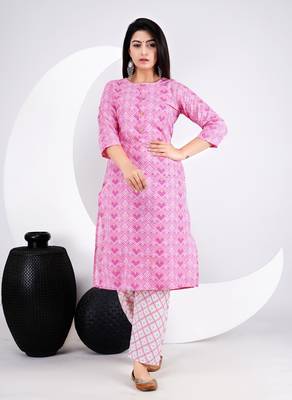 New Beautiful Pink Printed cotton straight kurti and pant 1