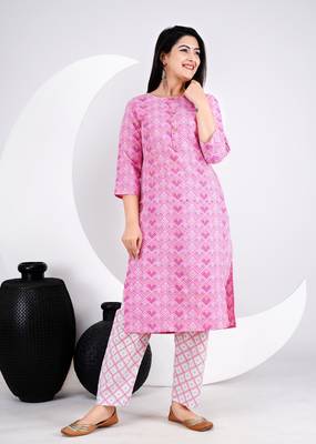New Beautiful Pink Printed cotton straight kurti and pant 2