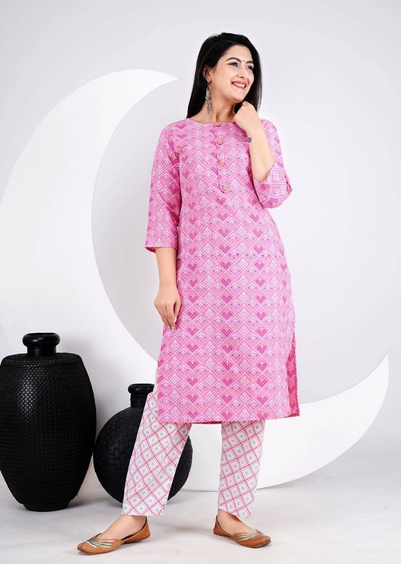 New Beautiful Pink Printed cotton straight kurti and pant