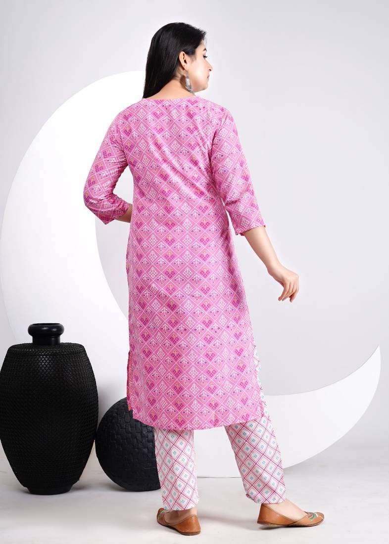 New Beautiful Pink Printed cotton straight kurti and pant