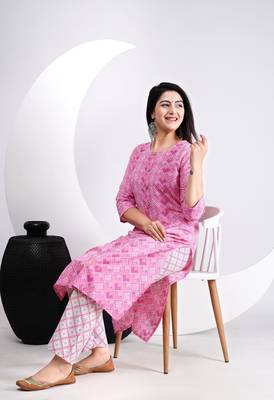 New Beautiful Pink Printed cotton straight kurti and pant 5