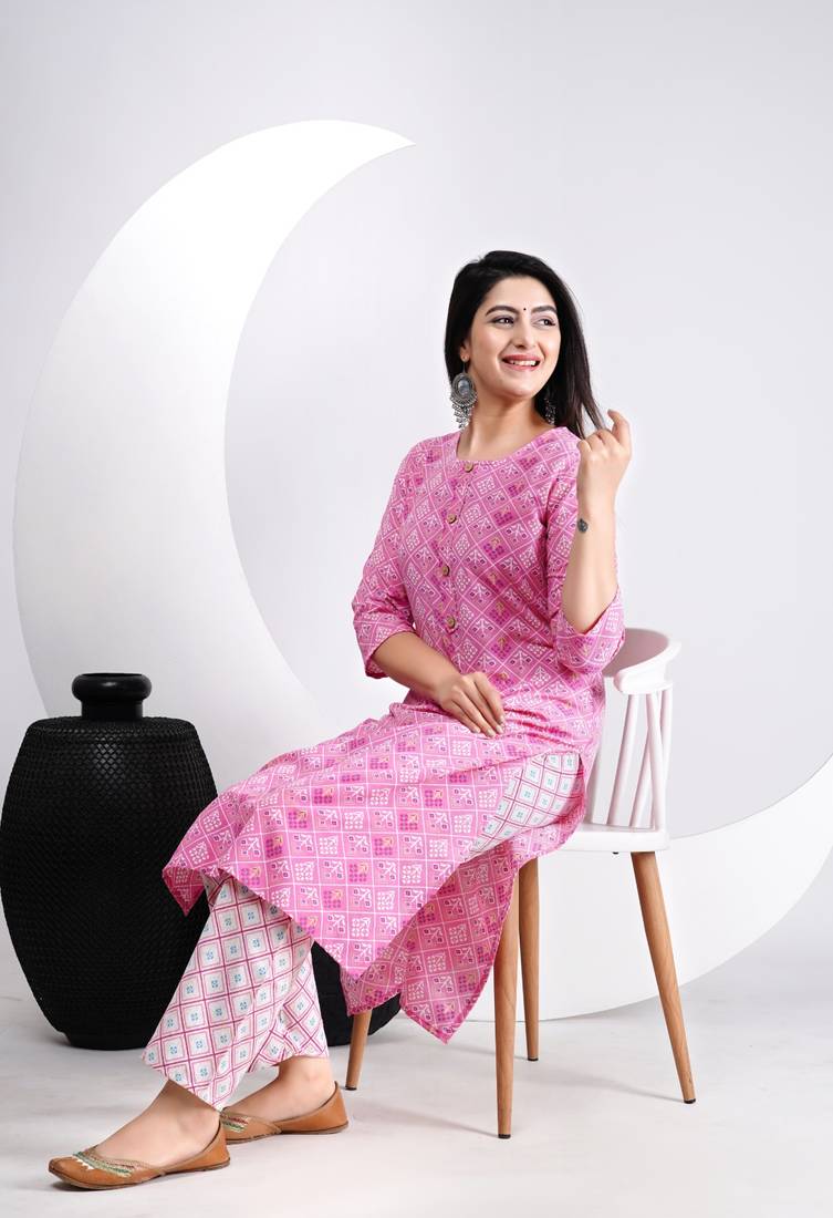 New Beautiful Pink Printed cotton straight kurti and pant