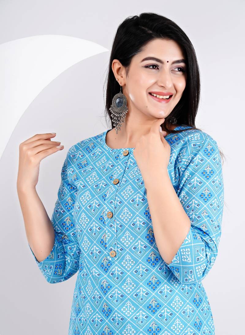 New Beautiful Sky Blue Printed Cotton Straight Kurti and Pant