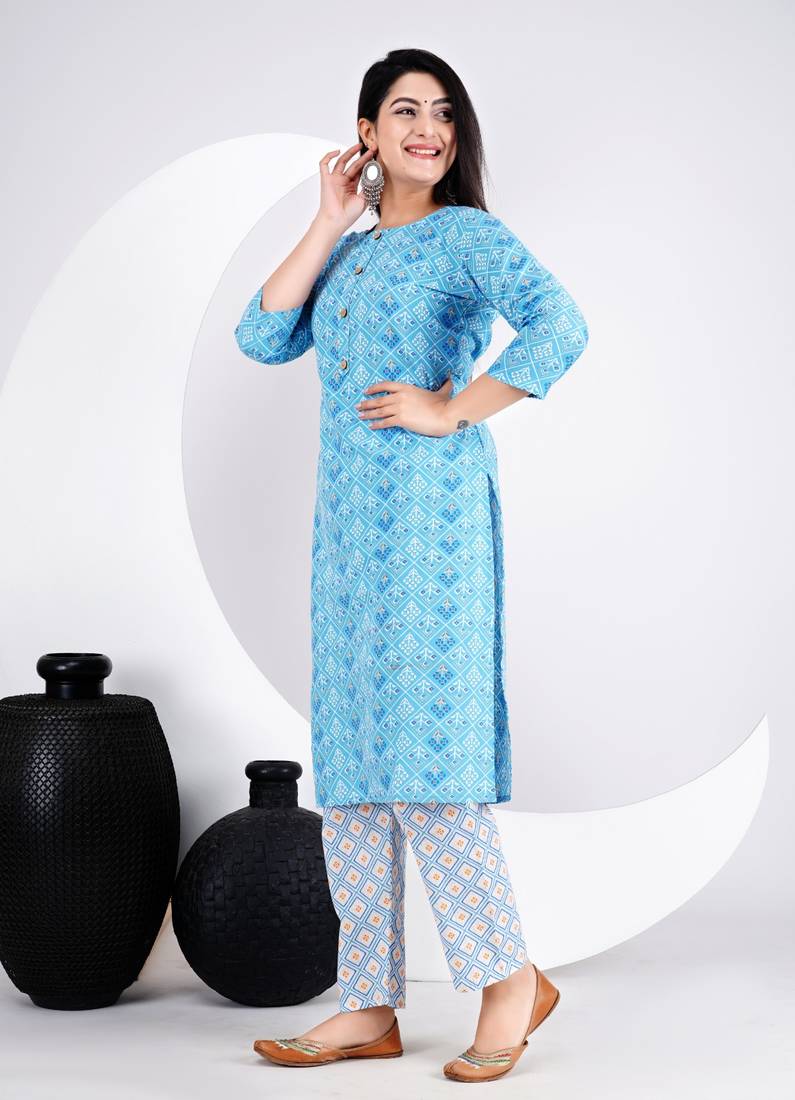 New Beautiful Sky Blue Printed Cotton Straight Kurti and Pant