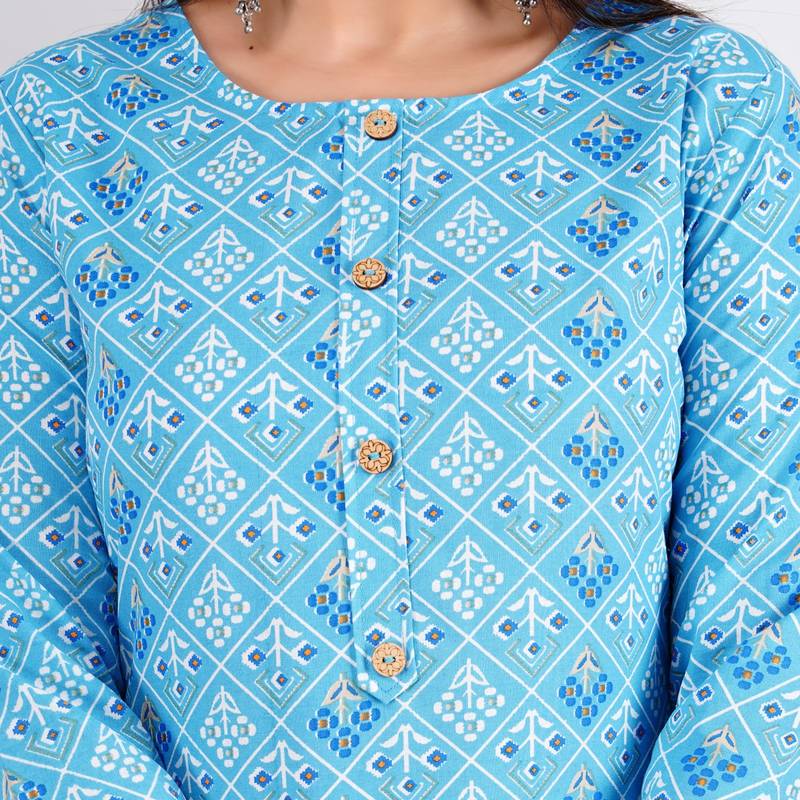 New Beautiful Sky Blue Printed Cotton Straight Kurti and Pant