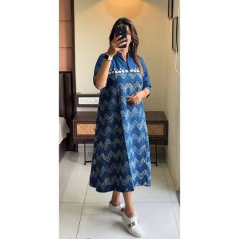 New Beautiful Cotton Zig Zag Middi Gown Dress 1