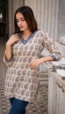 New Beautiful Cream Printed Cotton Top 1