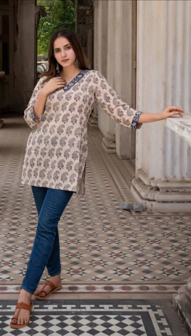 New Beautiful Cream Printed Cotton Top