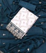 White and teal green embroidered floral  silk georgette unstitched dress material