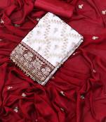 White and maroon embroidered floral  silk georgette unstitched dress material