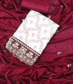 White and wine embroidered floral  silk georgette unstitched dress material
