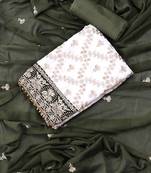 White and green embroidered floral  silk georgette unstitched dress material