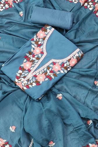 Teal blue embroidered floral  silk unstitched dress material