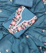 Teal blue embroidered floral  silk unstitched dress material