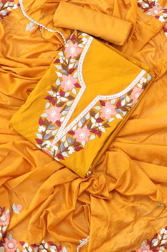 Mustard yellow embroidered floral  silk unstitched dress material