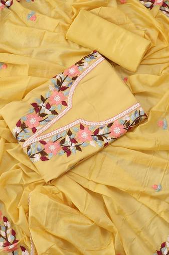Yellow embroidered floral  silk unstitched dress material