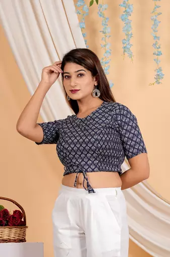 Women's Cotton Floral Printed Regular Blouse Blue