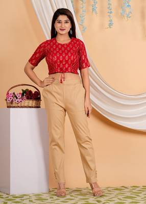 Women's Cotton Floral Gold Printed Regular Blouse Red 1